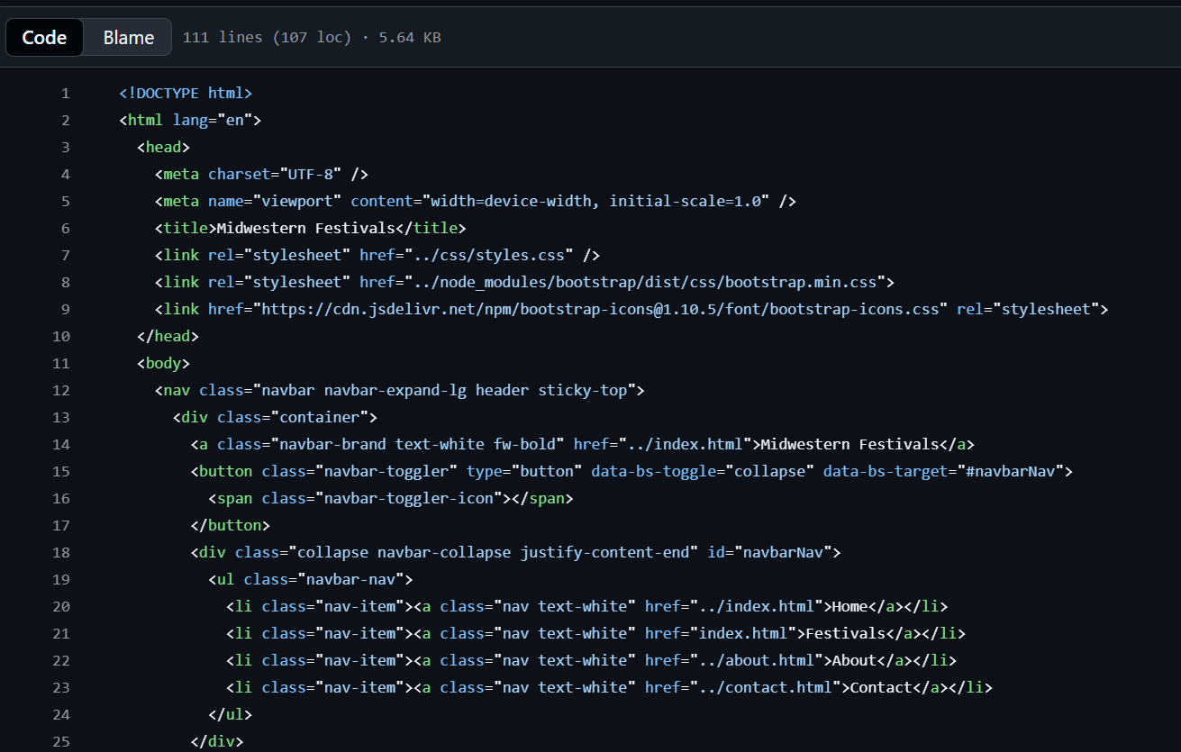 Festivals page html code example snippet